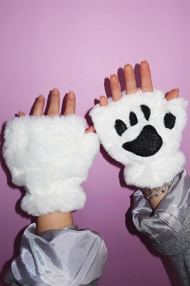 Beyaz Renk Pati Figürlü Peluş Eldiven