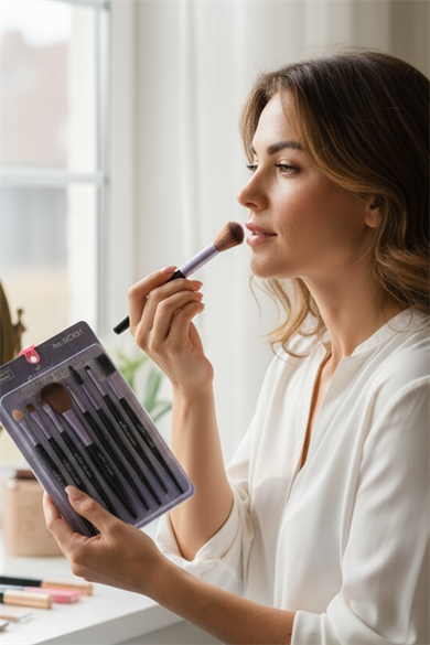 8li Mor Ve Siyah Renk Makyaj Fırçası Set