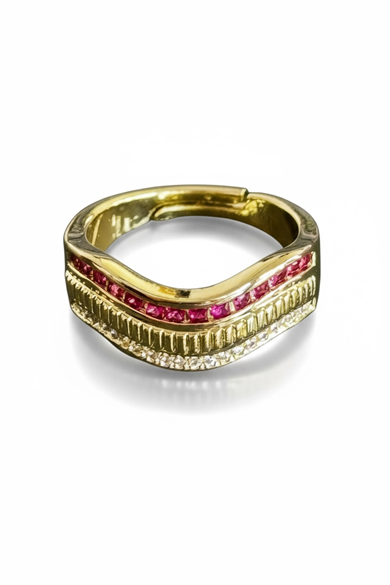 Altın Ve Pembe Renk Taş Detaylı 14K Altın Kaplama Ayarlanabilir Yüzük