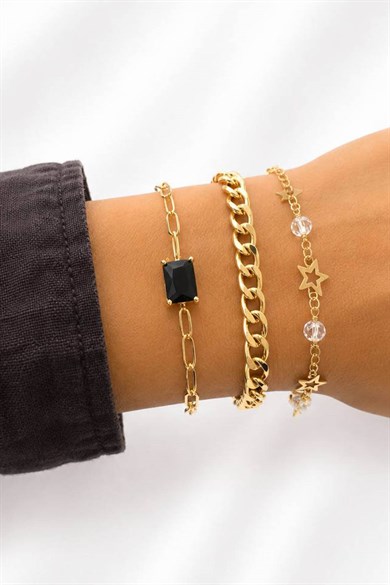 Altın  Renk  Zincir Detaylı 3lü Bileklik Set