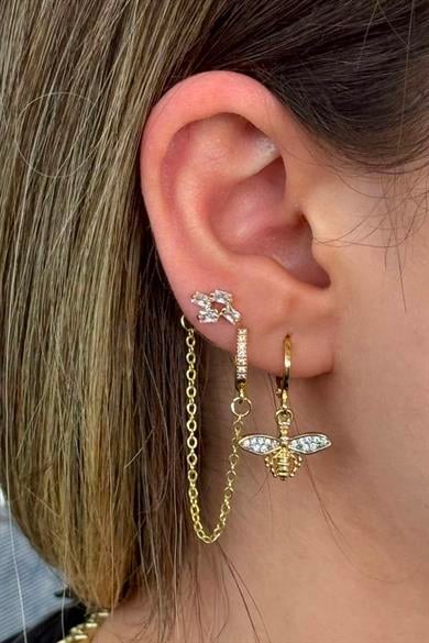 Altın Renk Arı Figürlü Taş Detaylı 3lü Küpe Set