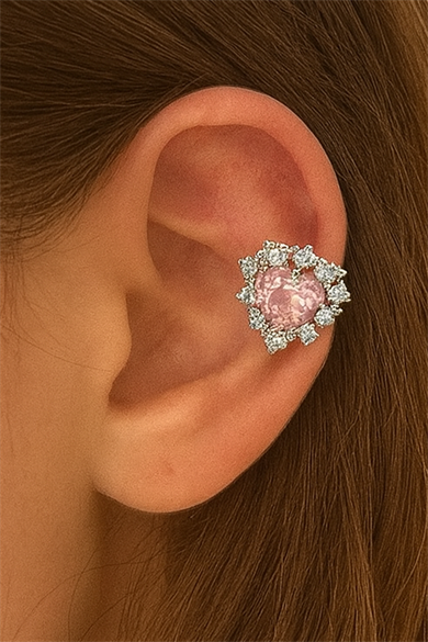 Gümüş Renk Kalp Figürlü Taş Detaylı 14K Altın Kaplama TX Ear Cuff (Tek)