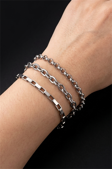 Gümüş Renk Zincir Detaylı 3lü Çelik Bileklik Set