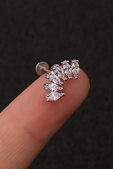 Gümüş Renk Taş Detaylı Çelik Tragus/Kıkırdak Küpe/Piercing (Tek)
