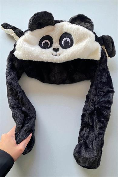 Siyah Ve Beyaz Renk Panda Figürlü Peluş Şapka