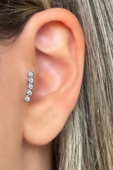 Gümüş Renk Taş Detaylı Çelik Tragus/Kıkırdak Küpe/Piercing (Tek)