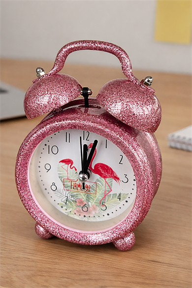Pembe Renk Simli Mini Dekoratif Işıklı Alarmlı Yuvarlak Masa Saati