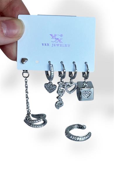 Gümüş Renk Karışık Figürlü Taş Detaylı 6lı YSX Küpe Set  