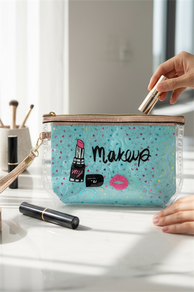 Mavi Renk Makeup Yazılı Makyaj Çantası
