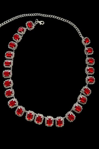 Gümüş Renk Kırmızı Taş Detaylı Tasarım Abiye Kolye