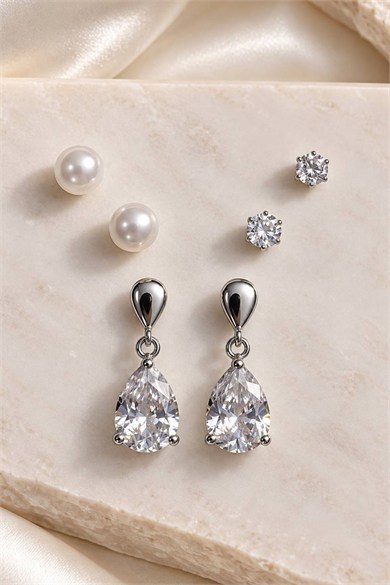 Gümüş Renk 6lı Taşlı Küpe Set