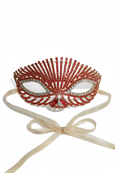 Altın Renk Kırmızı Taş Detaylı Tasarım Parti Maskesi