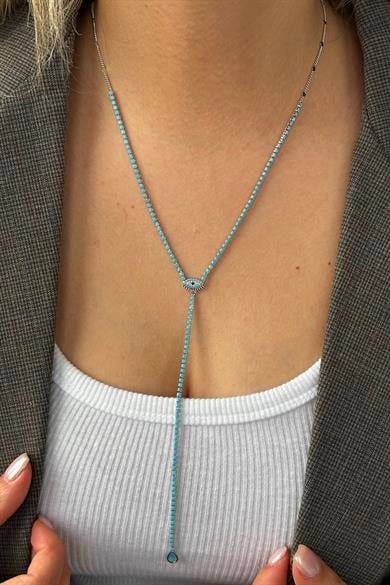 Gümüş Renk Göz Figürlü 14K Altın Kaplama VİP Y Kolye