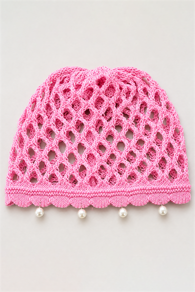 Pembe Renk İnci Detaylı Örgü Saç Bandana