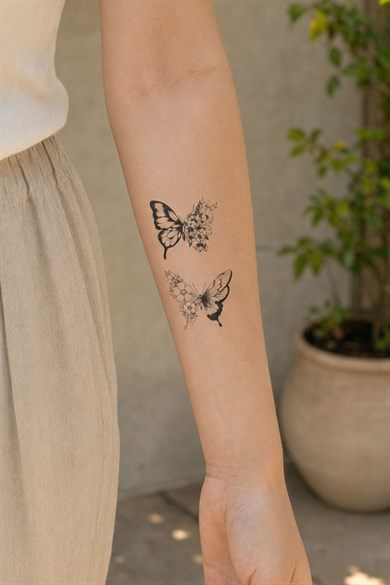 İkili Çiçekli Kelebek Mini Geçici Dövme Tattoo