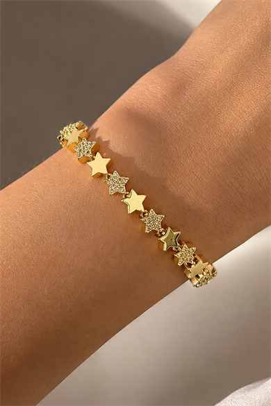 Altın Renk Yıldız Figürlü 14K Altın Kaplama Taş Detaylı Bileklik