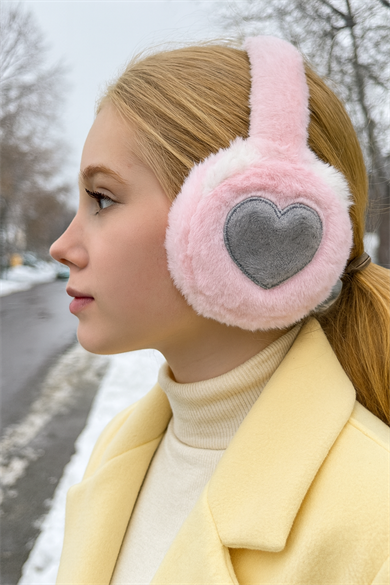 Pembe Ve Gri Renk Kalp Figürlü Peluş Kulaklık