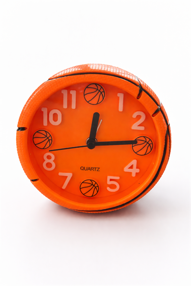 Turuncu Renk Basketbol Topu Figürlü Mini Dekoratif Alarmlı Yuvarlak Masa Saati