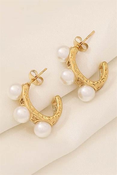 Altın Renk İnci Detaylı Çelik Küpe (Çift)