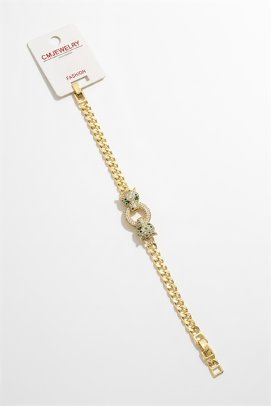 Altın Renk Kaplan Figürlü Taş Detaylı 14K Altın Kaplama CM Bileklik