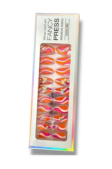 24lü Turuncu Ve Pembe Renk Jel Görünümlü Takma Tırnak (Yapıştırıcılı)