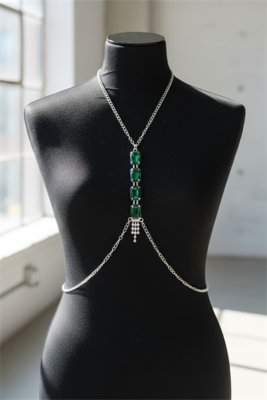 Gümüş Renk Yeşil Taş Detaylı Vücut Aksesuarı