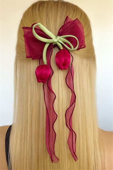 Bordo Renk Lale Figürlü Otomat Toka