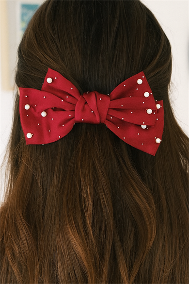 Bordo Renk İnci Ve Taş Detaylı Otomat Toka