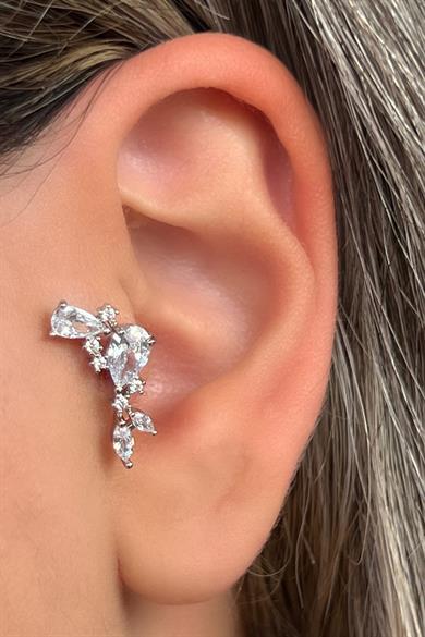 Gümüş Renk Taş Detaylı Çelik Tragus/Kıkırdak Küpe/Piercing (Tek)