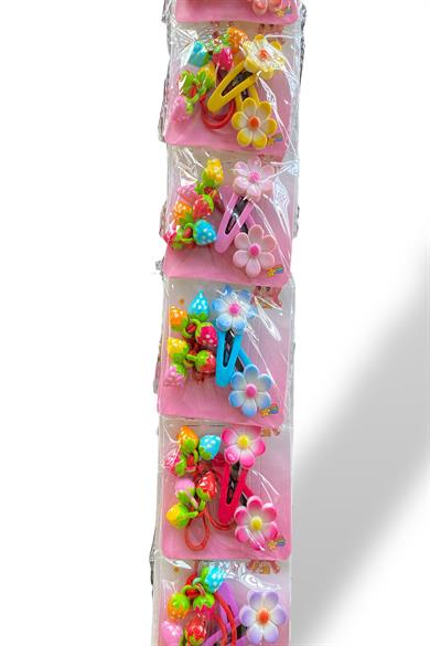 6lı Karışık Renk Çiçek Ve Çilek Figürlü Lastik Ve Yan Toka Set 