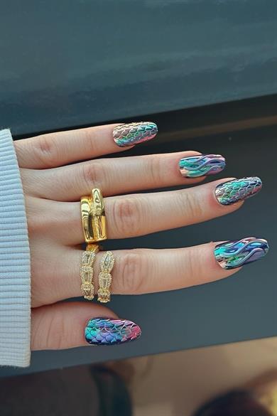 12li Mor Renk Karışık Figürlü Jel Görünümlü Takma Tırnak Set (Yapıştırıcılı)