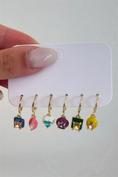 Altın Renk Taş Detaylı 6lı Küpe Set
