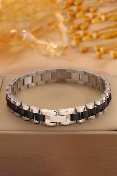 Gümüş Ve Siyah Renk Zincir Detaylı Çelik Erkek Bileklik