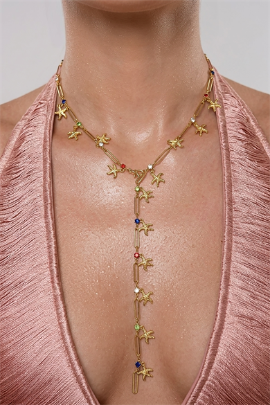 Altın Renk Yıldız Figürlü Taş Detaylı Çelik Y Kolye