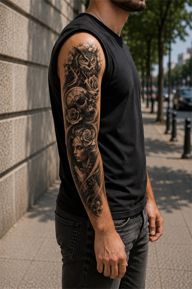 Baykuş ve Kız Kol Geçici Dövme Tattoo
