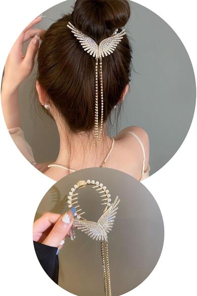 Altın Renk Melek Kanadı Figürlü İnci Ve Taş Detaylı Topuz Toka