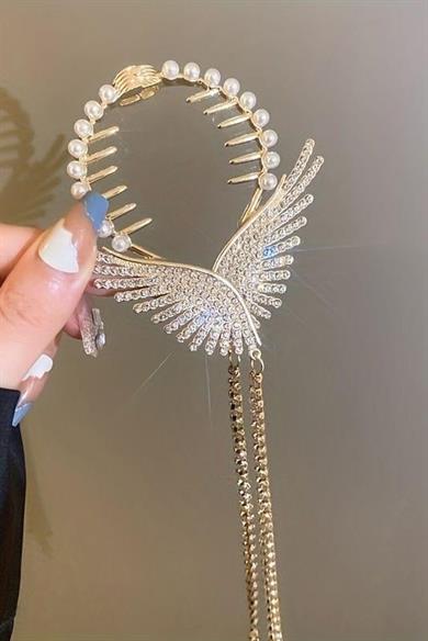 Altın Renk Melek Kanadı Figürlü İnci Ve Taş Detaylı Topuz Toka