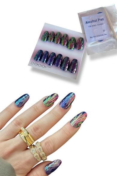 12li Mor Renk Karışık Figürlü Jel Görünümlü Takma Tırnak Set (Yapıştırıcılı)