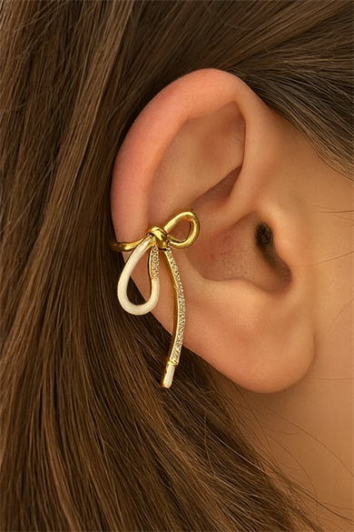 Altın Renk Kurdele Figürlü Taş Detaylı 14K Altın Kaplama TX Ear Cuff (Tek)
