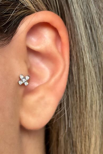 Gümüş Renk Taş Detaylı Çelik Tragus/Kıkırdak Küpe/Piercing (Tek)