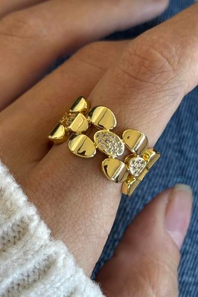 Altın Renk Taş Detaylı Ayarlanabilir Çelik Yüzük