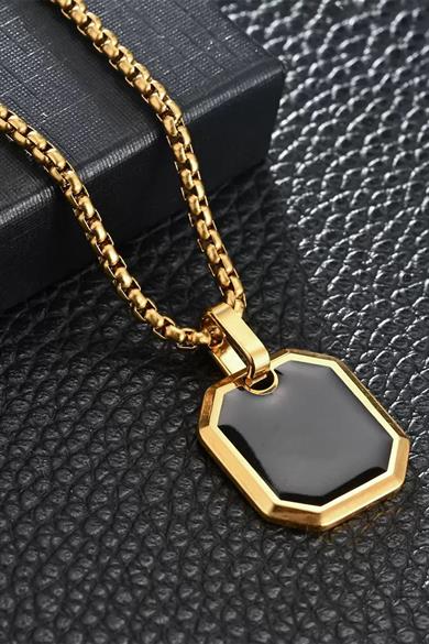 Altın Renk Taş Detaylı Erkek Zincir Çelik Kolye (60cm)