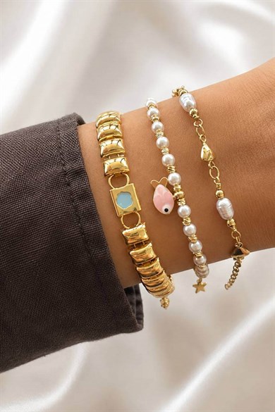 Altın  Renk  Zincir Detaylı 3lü Bileklik Set
