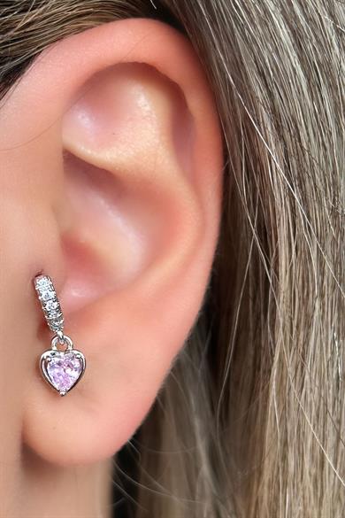 Gümüş Renk Kalp Figürlü Taş Detaylı Çelik Halka Tragus/Kıkırdak Küpe/Piercing (Tek)