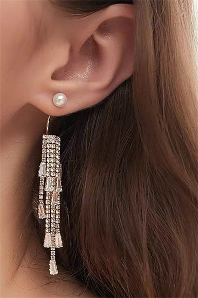 Altın Renk İnci Detaylı Taşlı Küpe (Çift)