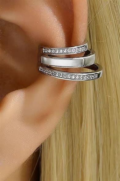 Gümüş Renk Taş Detaylı 14K Altın Kaplama TX Ear Cuff (Tek)