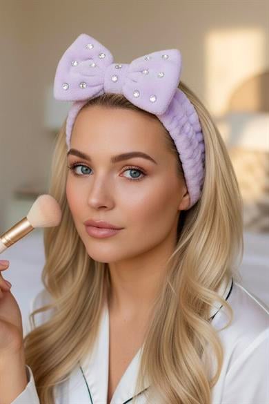 Lila Renk Kurdele Figürlü Taş Detaylı Peluş Saç Bandı