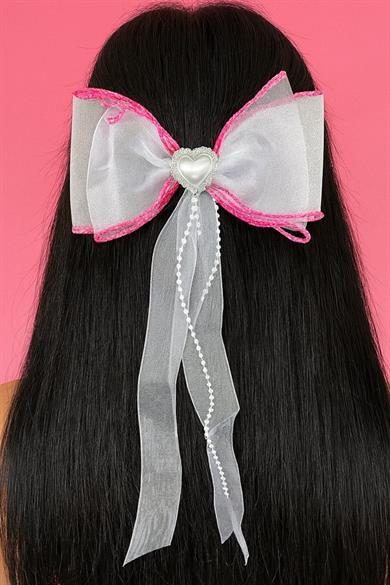 Pembe Ve Beyaz Renk Kalp Figürlü İnci Detaylı Kurdele Otomat Toka