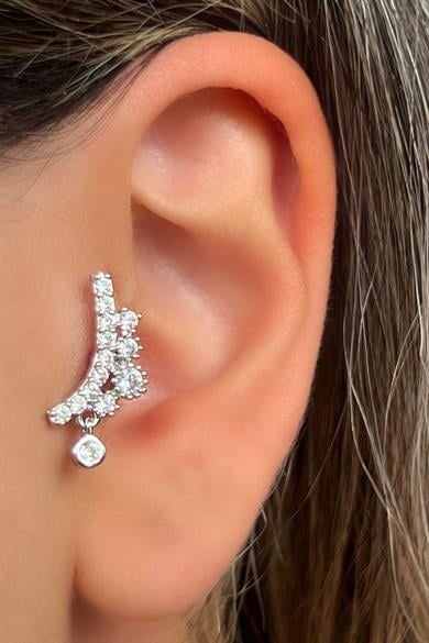 Gümüş Renk Taş Detaylı Çelik Tragus/Kıkırdak Küpe/Piercing (Tek)