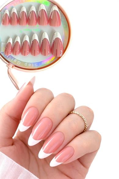 12li Krem Renk Jel Görünümlü French Takma Tırnak (Yapıştırıcılı)
